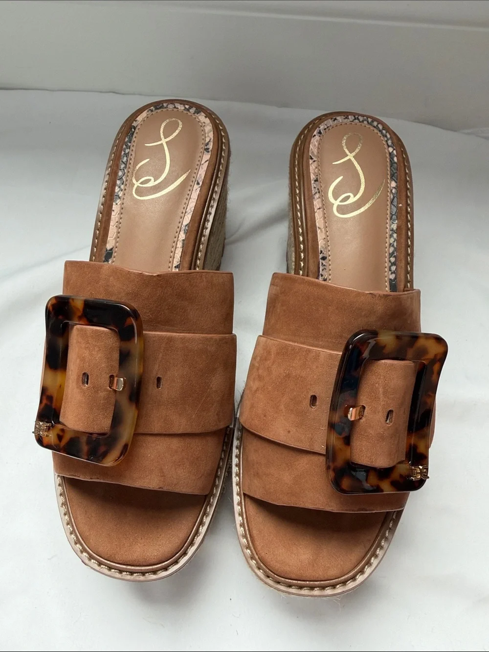 Sam Edelman Livi Suede Espadrille Wedge Slide Sandals with Tortoiseshell Buckle